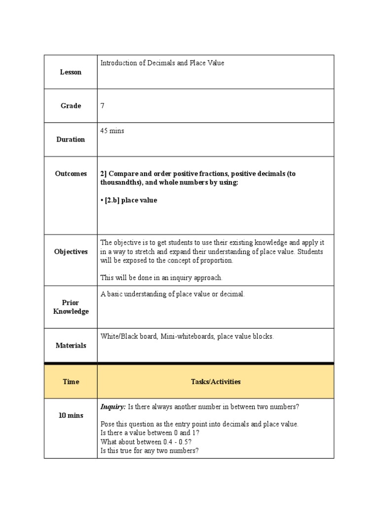 Decimals and Place Value Lesson Plan | PDF | Art | Science & Mathematics
