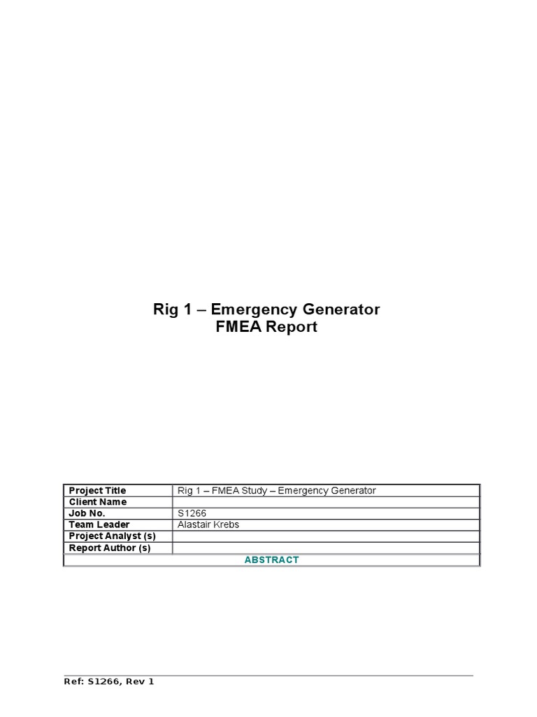 FMEA Report for Rig 1 Emergency Generator | PDF | Reliability ...