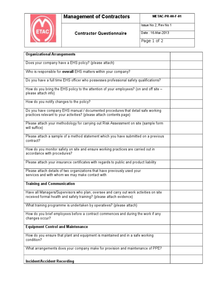METAC PR 007 F01 Contractor Questionnaire | PDF | Finance & Money ...