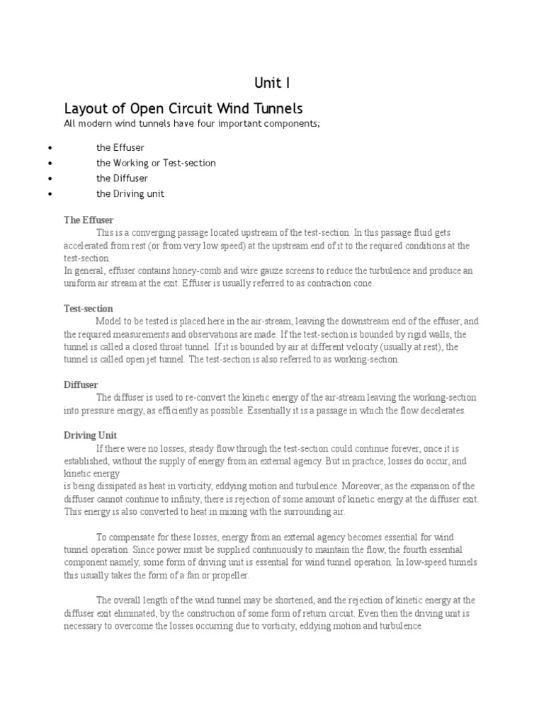 Unit I Layout of Open Circuit Wind Tunnels PDF Aerodynamics Wind