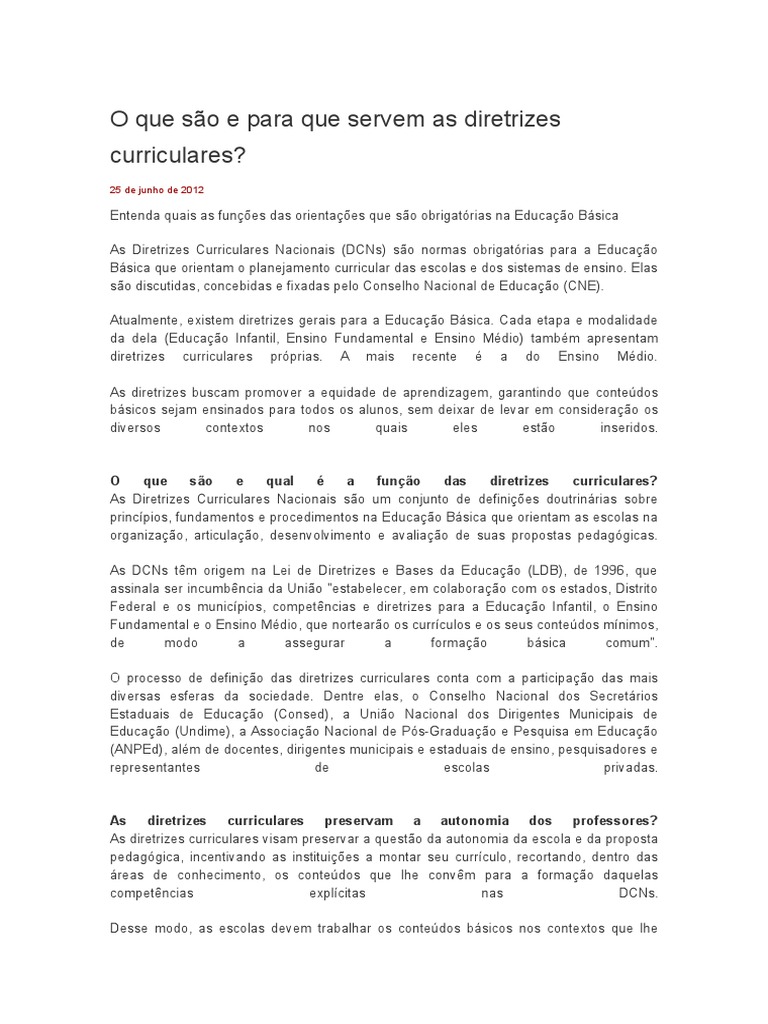 Funções das Diretrizes Curriculares | PDF | Pedagogia | Pré-escola