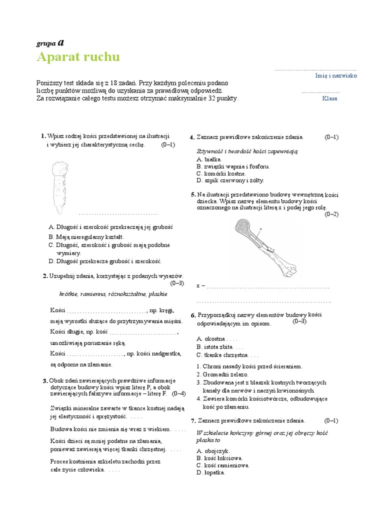 Test Biologia Klasa 7 Aparat Ruchu