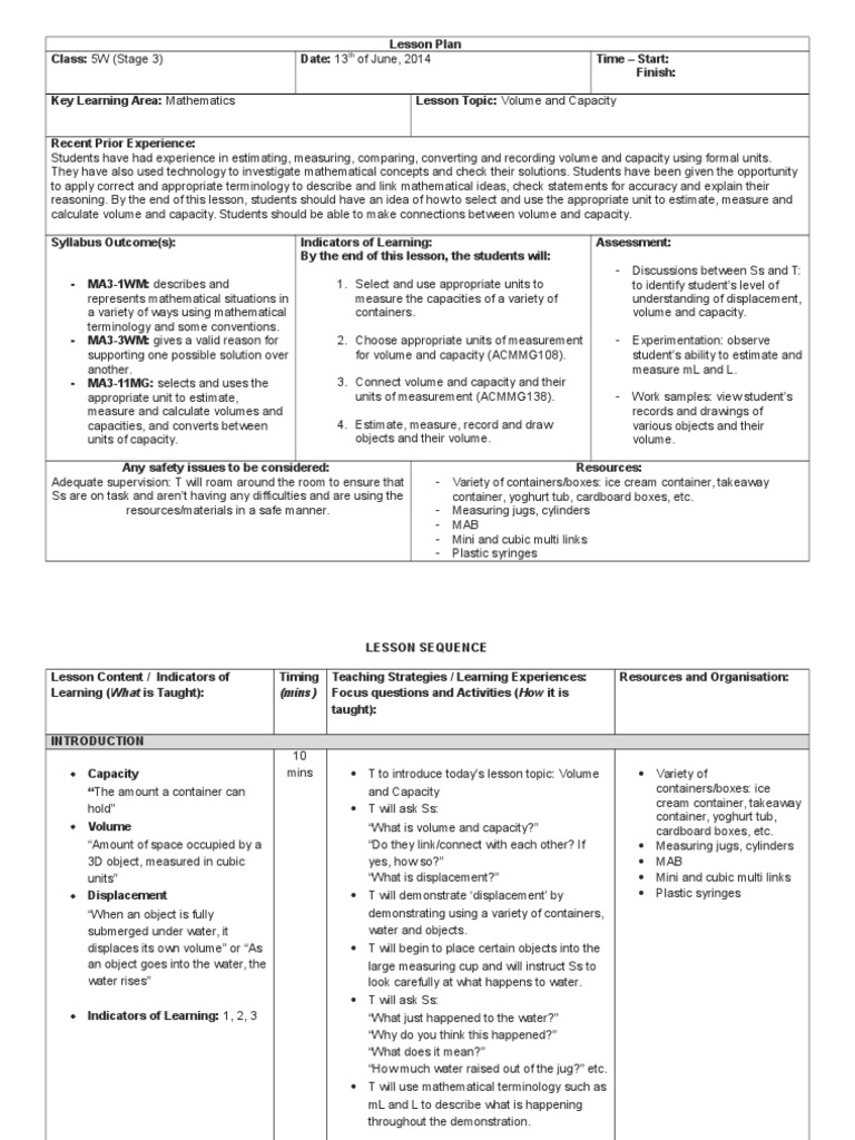 Volume and Capacity Lesson Plan | PDF | Lesson Plan | Volume