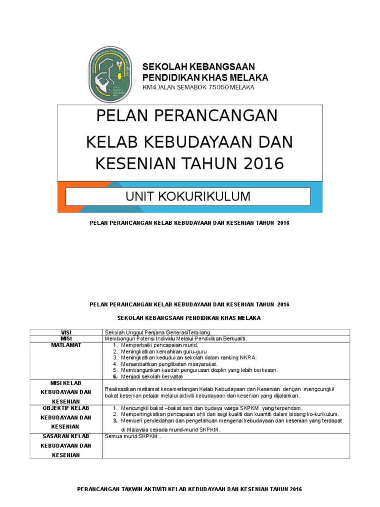 Pelan Perancangan Kelab Kebudayaan Dan Kesenian Tahun 2015  PDF
