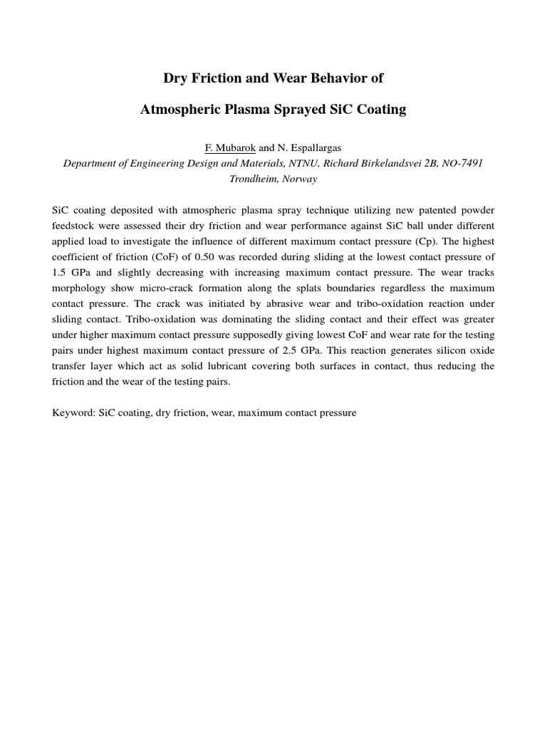 Dry Friction and Wear Behavior of Atmospheric Plasma Sprayed Sic ...