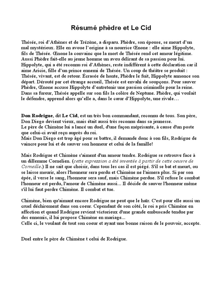 résumé phèdre +le cid