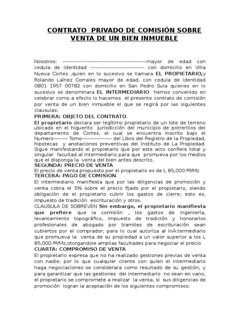 Contrato Privado de Comisión Sobre Venta de Un Bien Inmueble - Don Toño |  PDF | Pagos | Propiedad