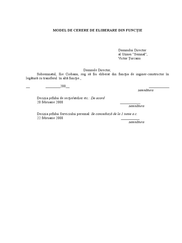 Model de Cerere de Eliberare Din Funcție