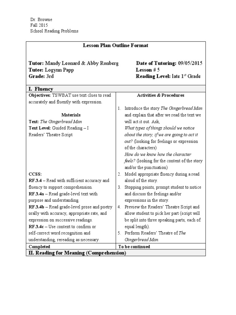 Lesson Plan Outline Format Tutor: Date of Tutoring: Tutee: Lesson ...