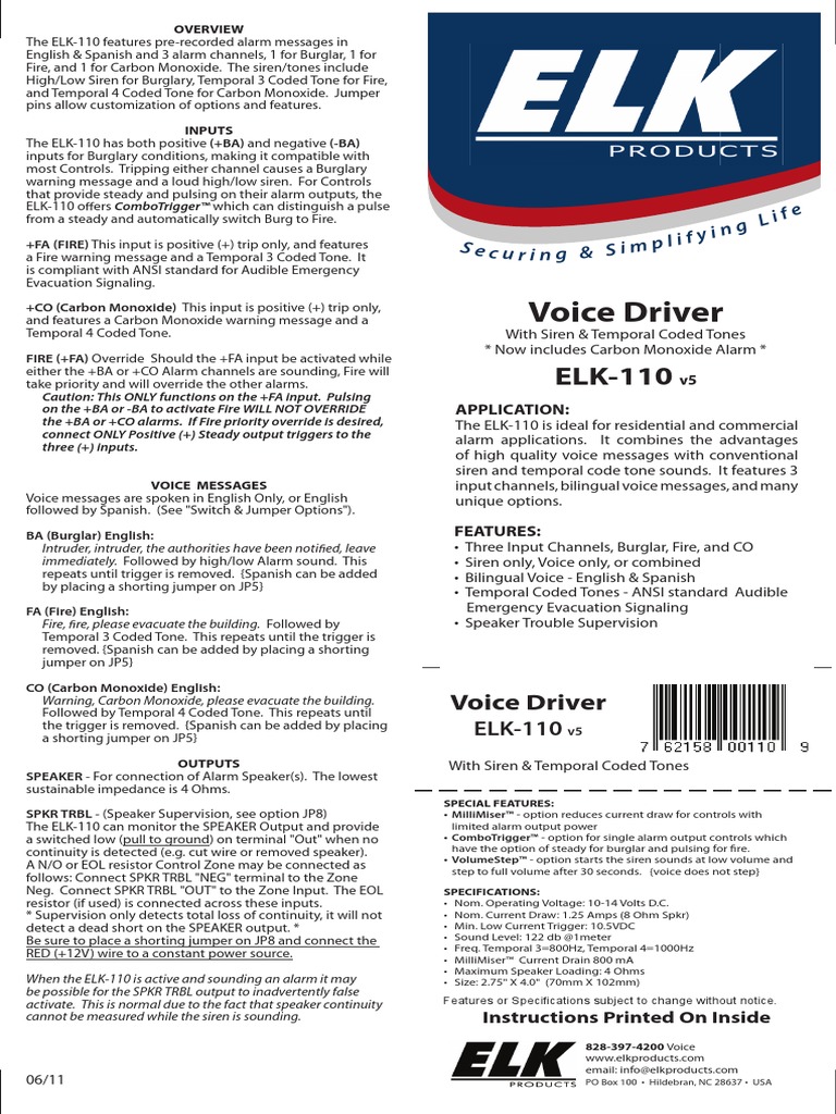 Elk 110 Voice Driver Install Guide Loudspeaker - 