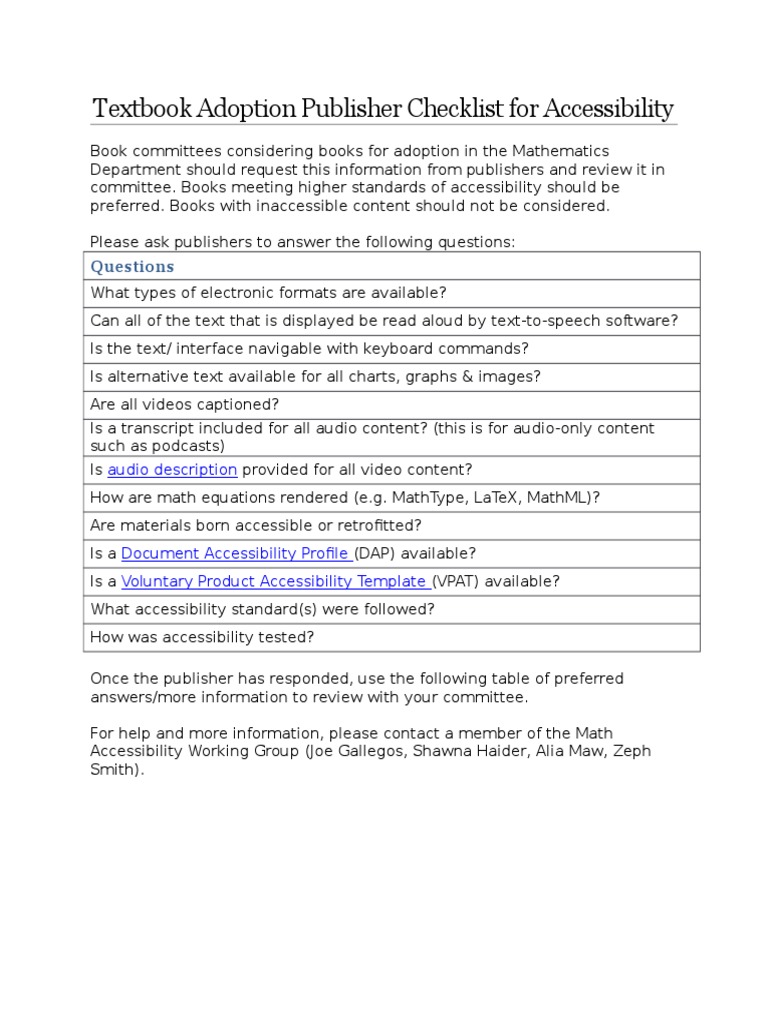 Accessibility Checklist for Textbook Adoption | PDF | Accessibility ...