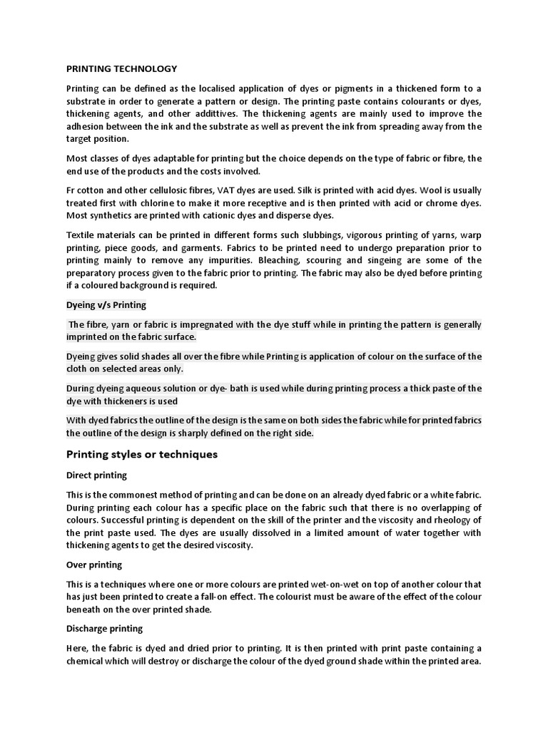 Printing Technology Pdf Dye Dyeing