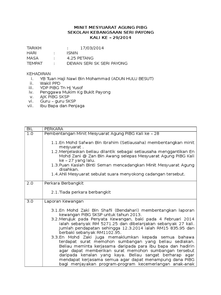 Contoh Mesyuarat Agung Pibg Sekolah