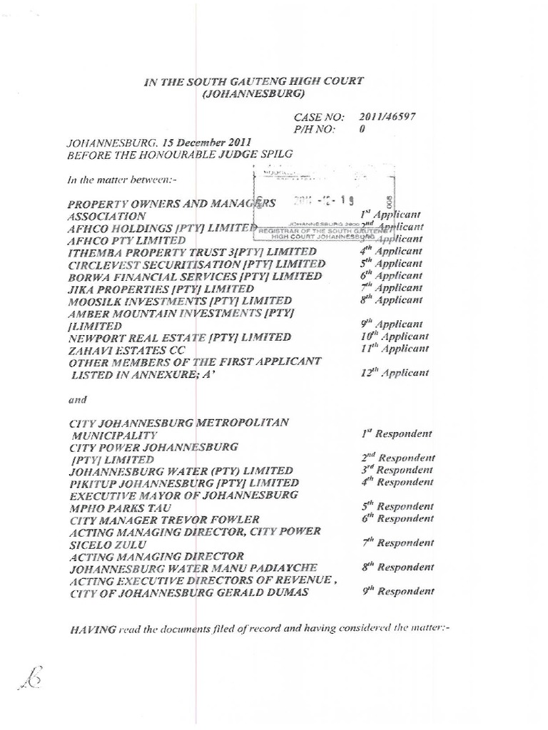 Draft Court Order - Joburg Billing Crisis | PDF