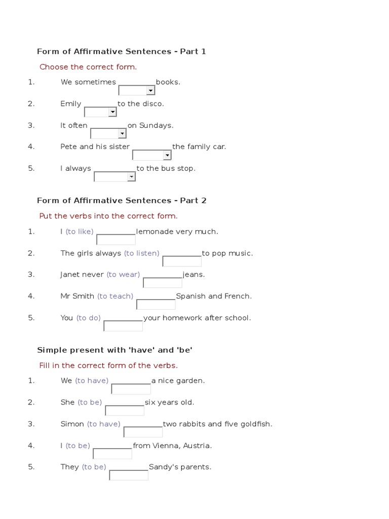 Affirmative Sentences Practice Guide | PDF | Grammar | Linguistics
