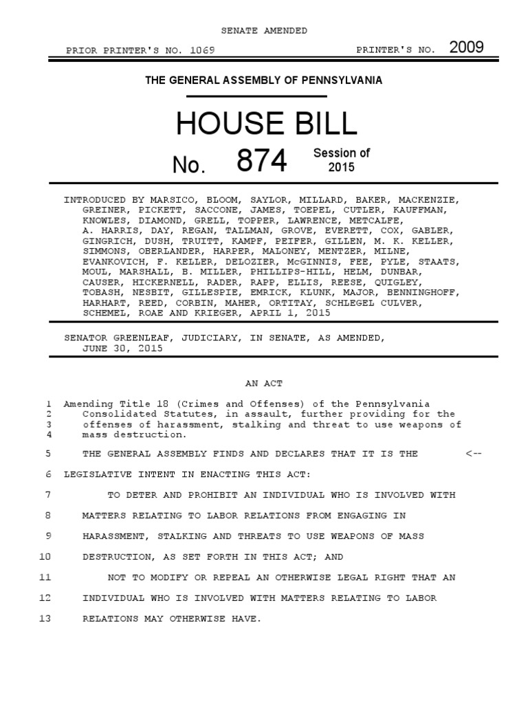 House Bill 874 The General Assembly Of Pennsylvania Injunction
