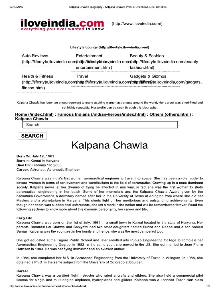 Kalpana Chawla Biography - Kalpana Chawla Profile, Childhood, Life,  Timeline | PDF, image size:768x1024