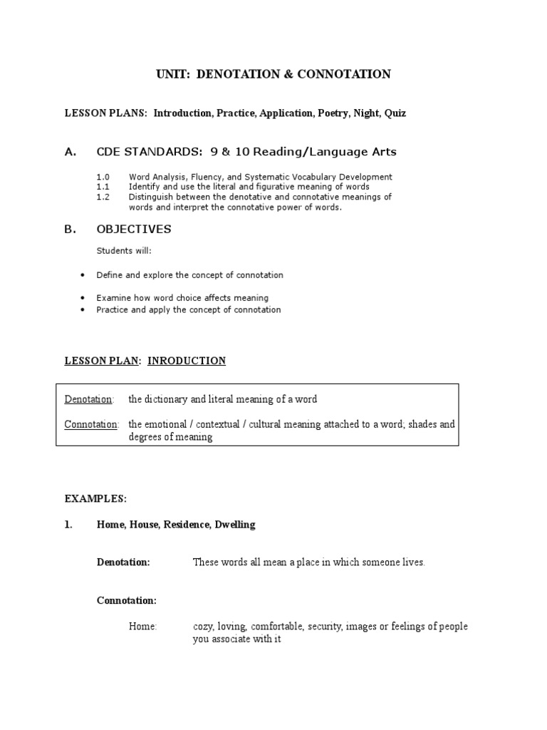 worksheet Denotation And Connotation Worksheets denotation connotation unit 9ab word