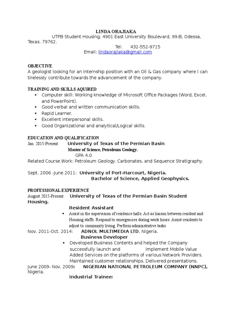 Geologist Internship Resume for Oil & Gas | PDF | Career & Growth ...