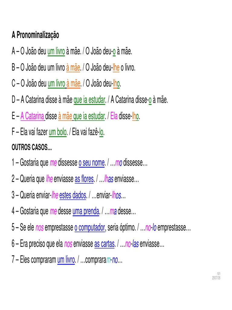 Pronominalização Com Exercícios