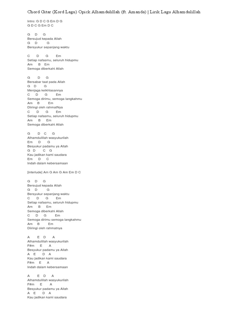 Chord Gitar Kord Lagu Opick Alhamdulillah Ft Amanda Lirik Lagu Alhamdulillah