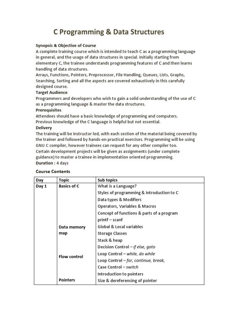 C Programming & Data Structures: Synopsis & Objective of Course | PDF ...