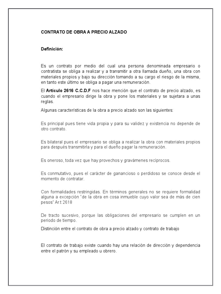 contrato de obra a precio alzado Propiedad Salario