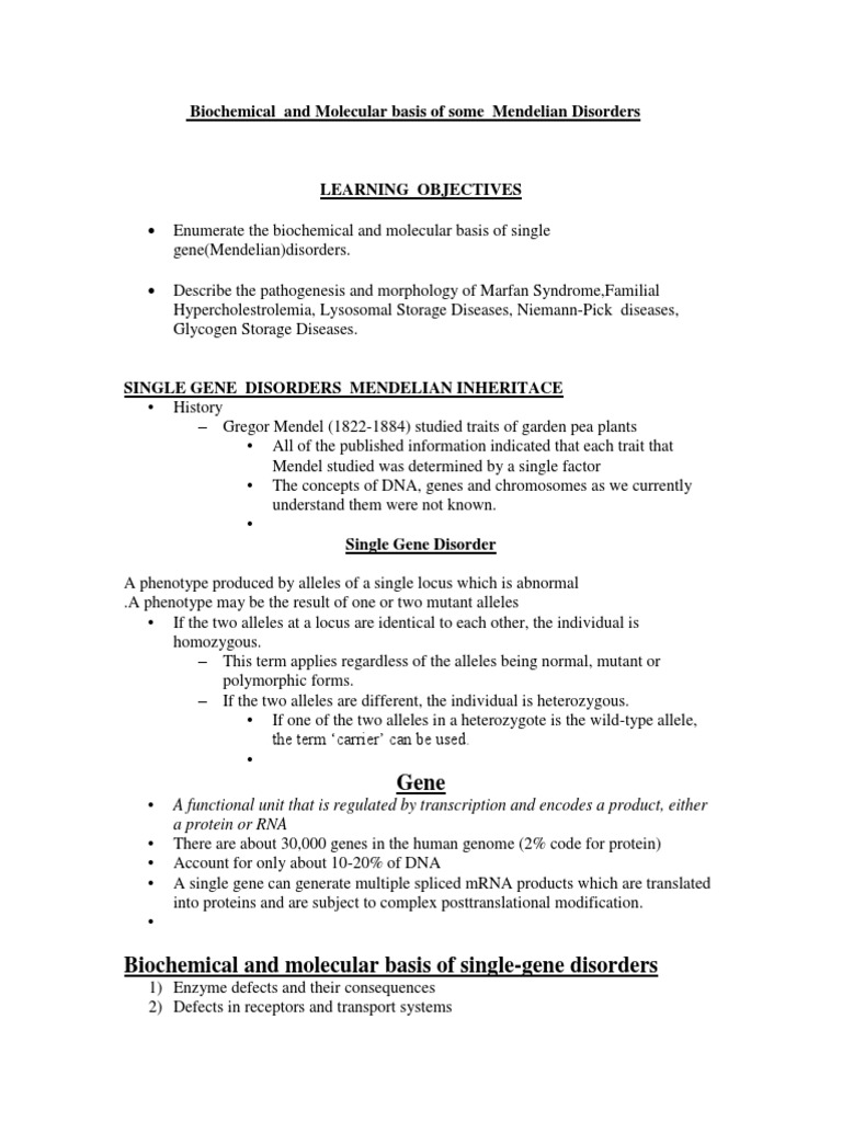 Pathology Biochemical and Molecular Basis of Some Mendelian Disorders