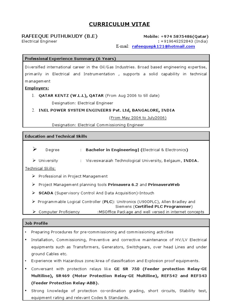 Electrical Engineer Cv Rafeeque Electrical Substation Transformer