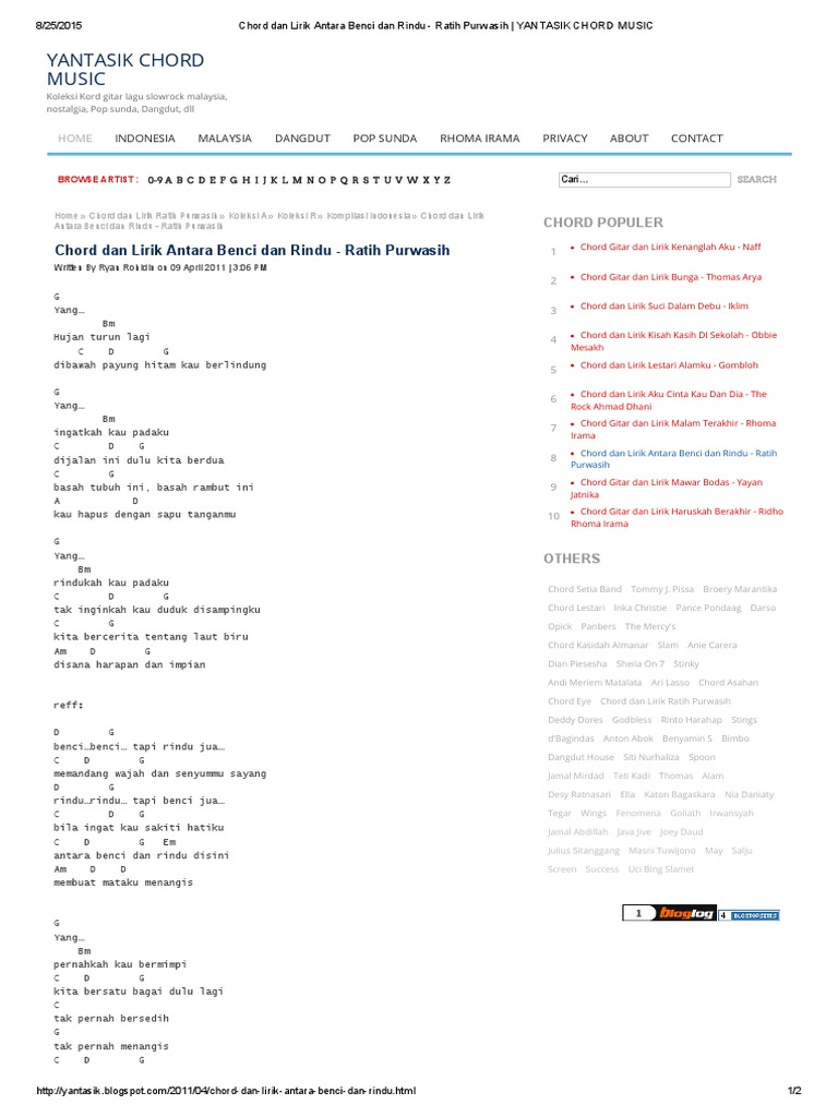 Chord Dan Lirik Antara Benci Dan Rindu Ratih Purwasih Yantasik Chord Music Pdf