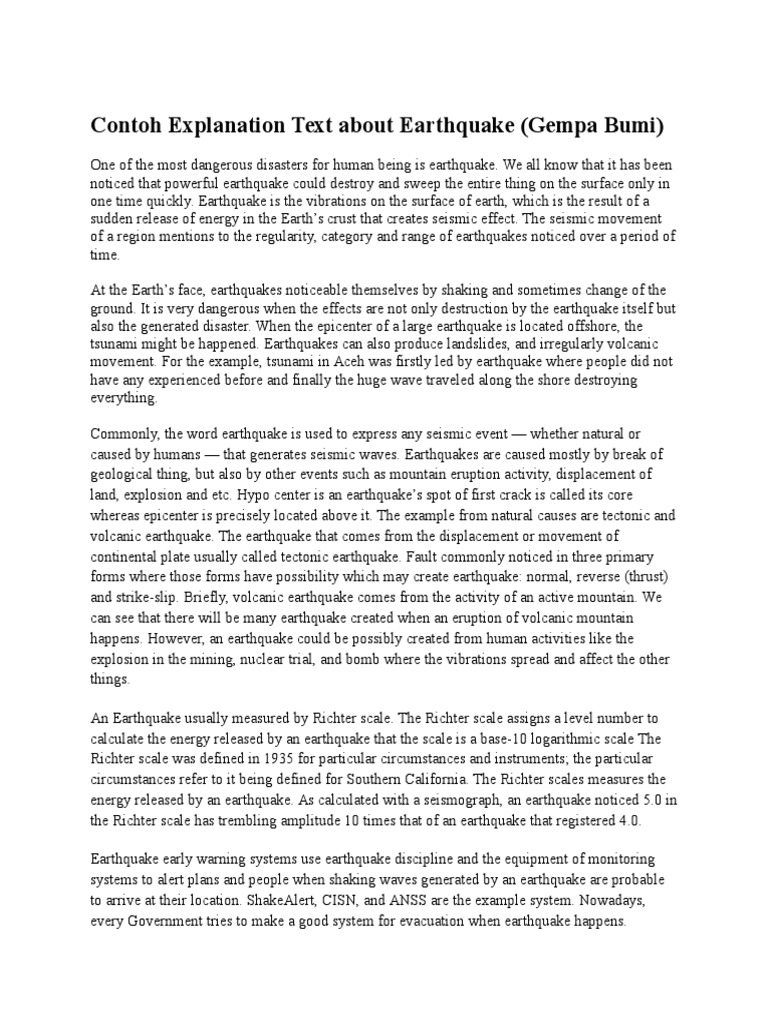 Contoh Explanation Text About Earthquake Earthquakes