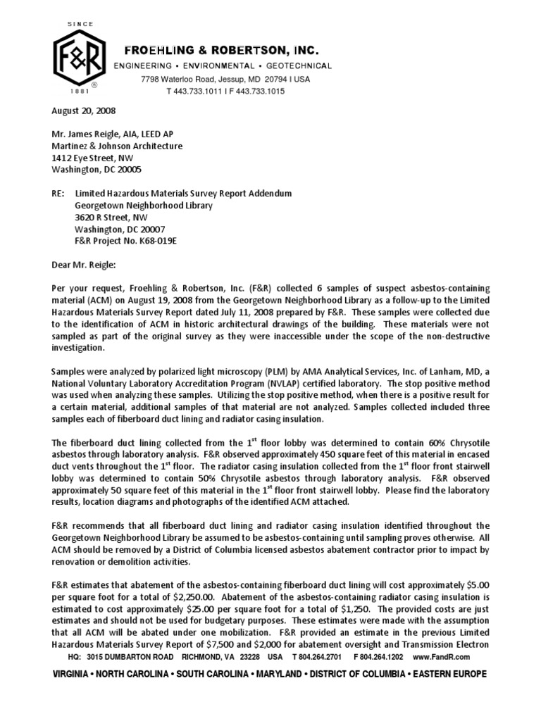 Library Limited Hazardous Materials Survey Report Addendum