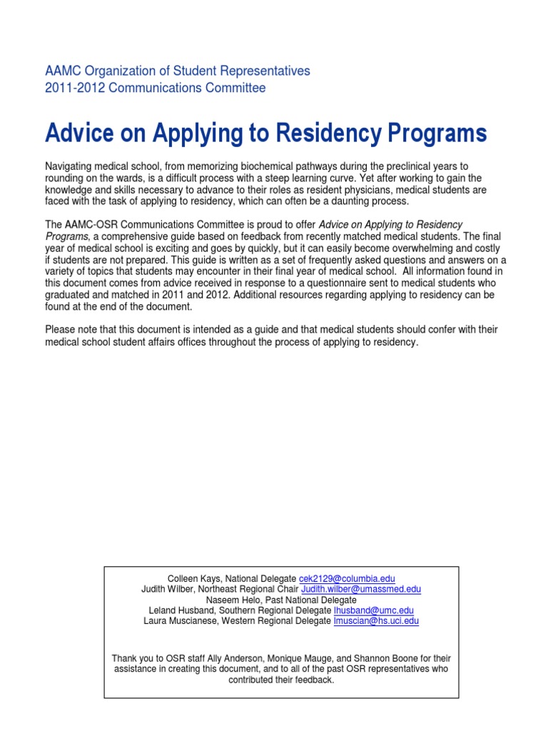 Advice on Applying to Residency Programs Residency (Medicine) United States Medical
