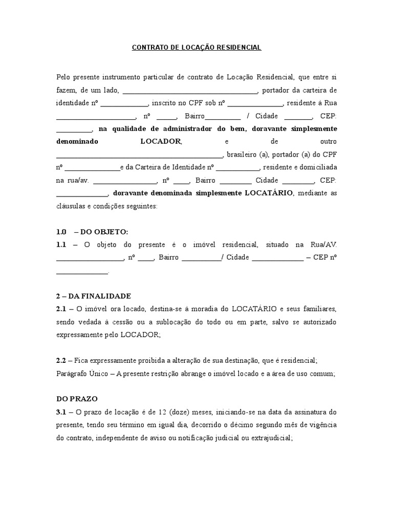 Contrato De Locação Residencial Aluguel Interesse