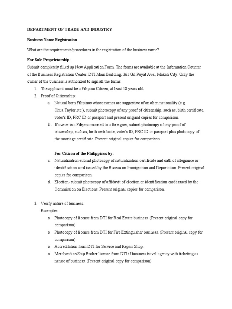 DTI Business Registration Requirements | PDF | Board Of Directors ...