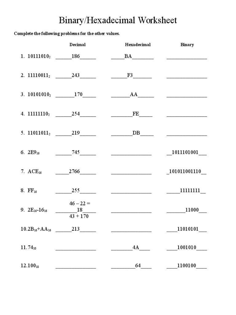 Binary Hexadecimal Worksheet