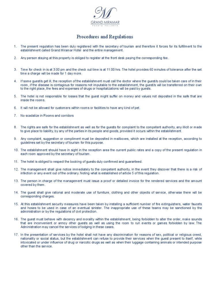 Hotel Procedures and Regulations Grand Miramar Hotel Establishes
