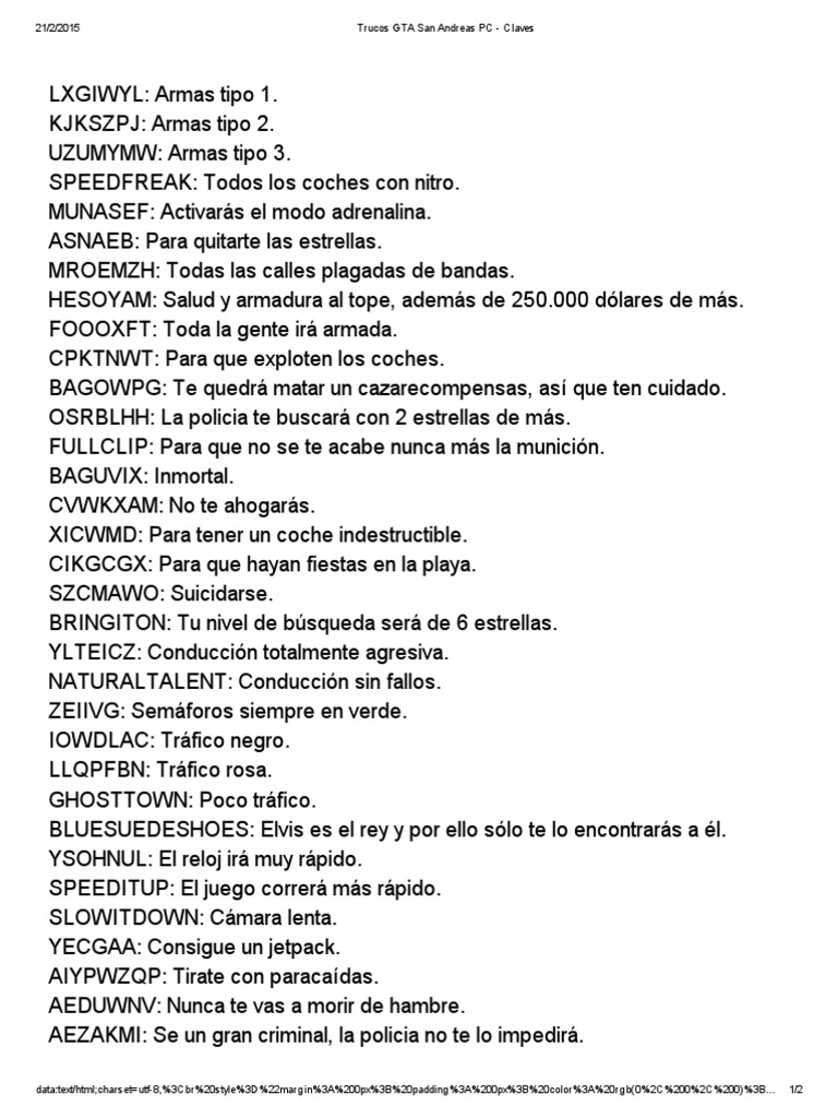 Trucos GTA San Andreas PC Claves PDF