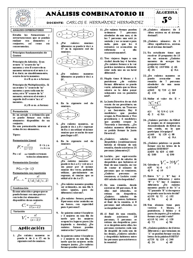 Análisis Combinatorio en Álgebra 5° | PDF | Métodos y materiales de ...