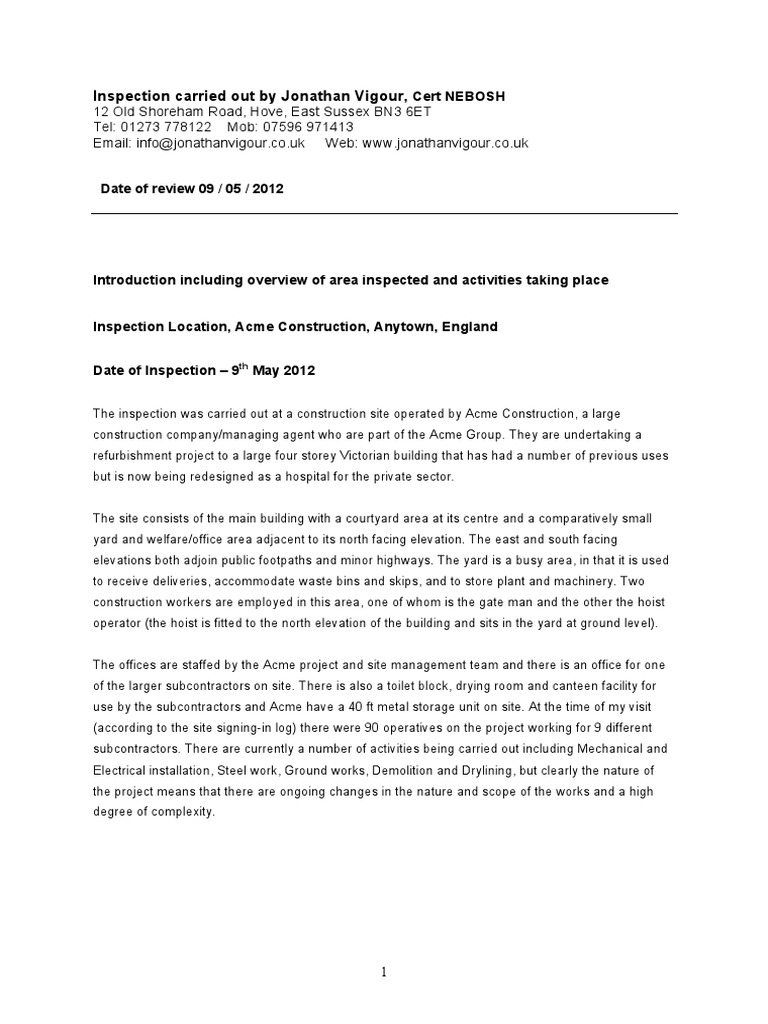 Sample HS Report Occupational Safety And Health Safety