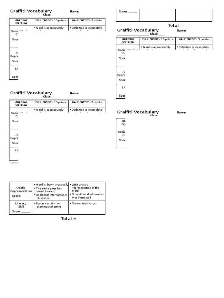 Vocab 2 Graffiti Vocabulary Rubric Vocabulary Graffiti