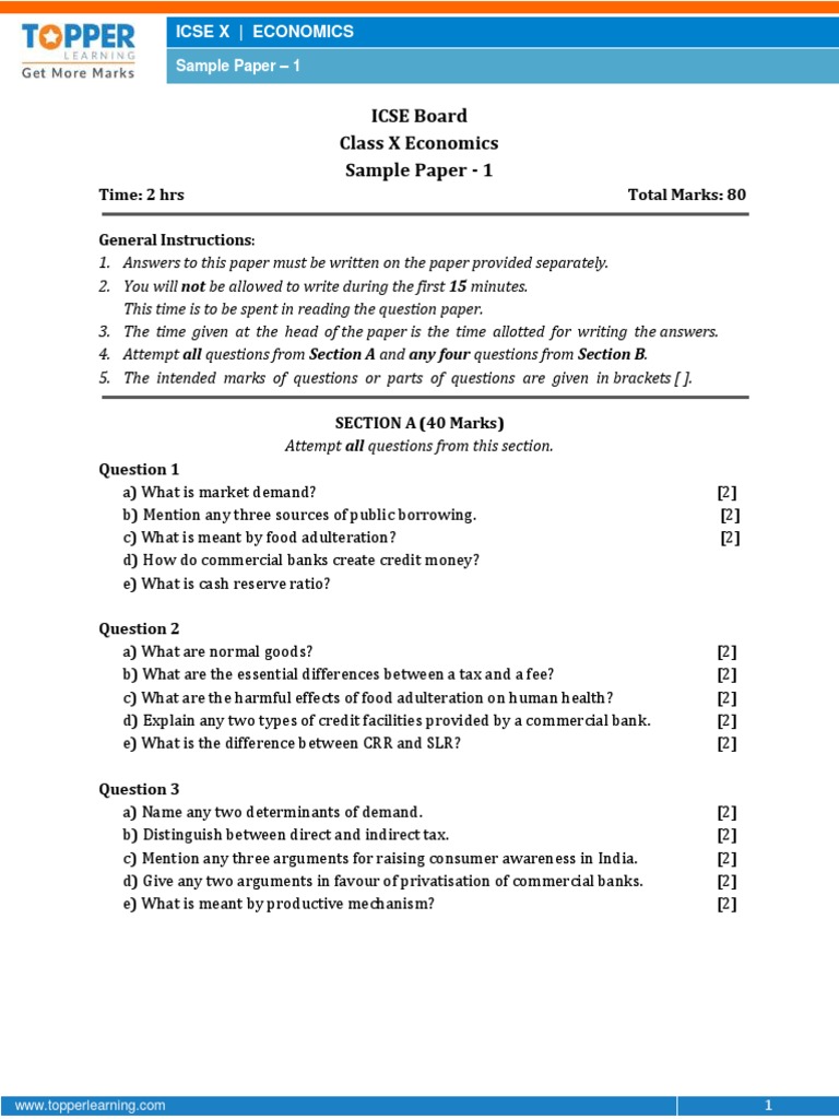 ICSE Economics Sample Paper1Class 10 Question Paper Demand