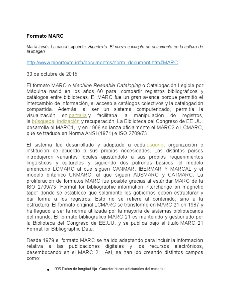 Evolución del Formato MARC | PDF | Bibliotecas | Tecnología digital