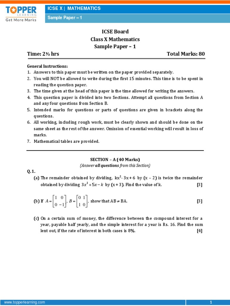 ICSEMathematics Sample Paper1Class 10 Question Paper Circle Angle