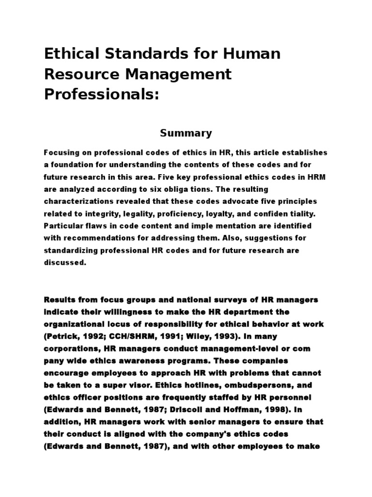 ethics in human resource management essay