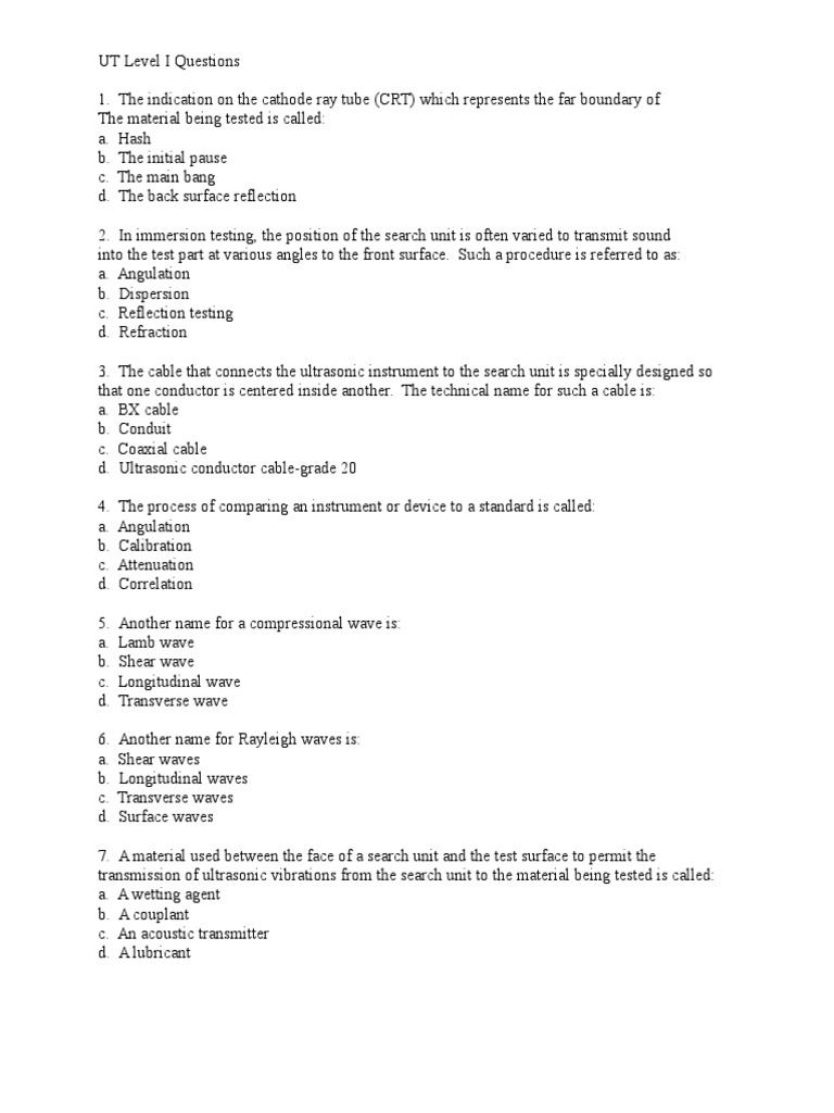 UT Level I Exam Questions and Answers | PDF | Ultrasound | Waves
