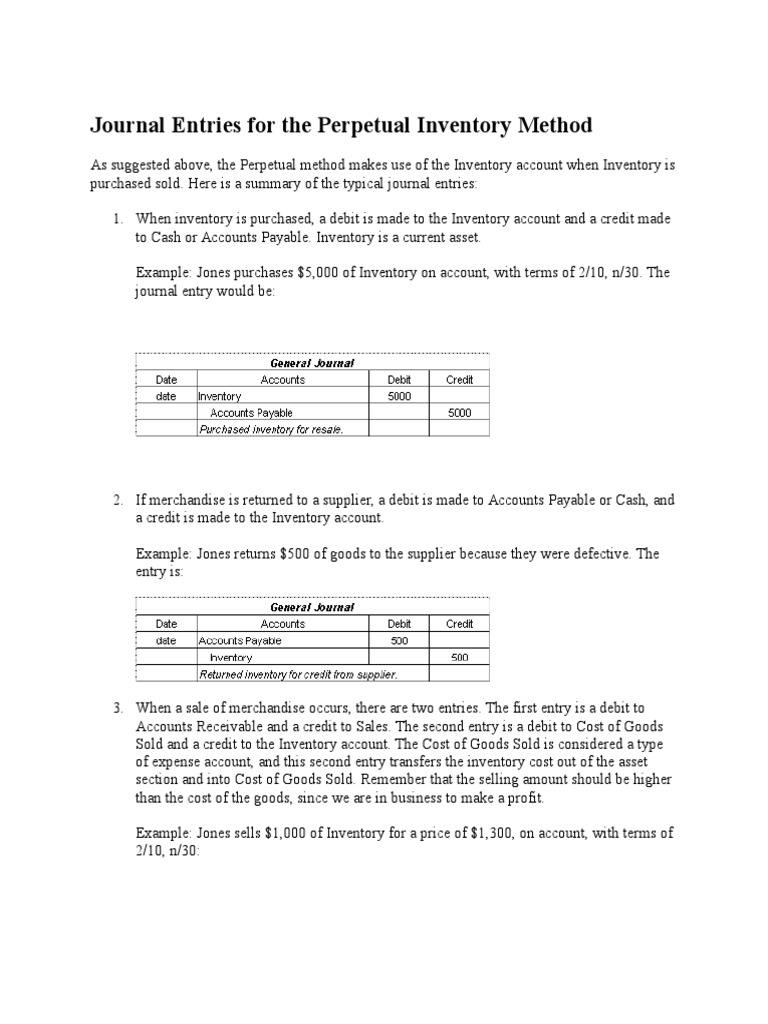 Journal Entries For The Perpetual Inventory Method Pdf Debits And Credits Cost Of Goods Sold