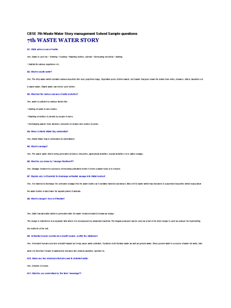 CBSE 7th Waste Water Story Management Solved Sample Questions | Sewage Treatment | Sanitary Sewer