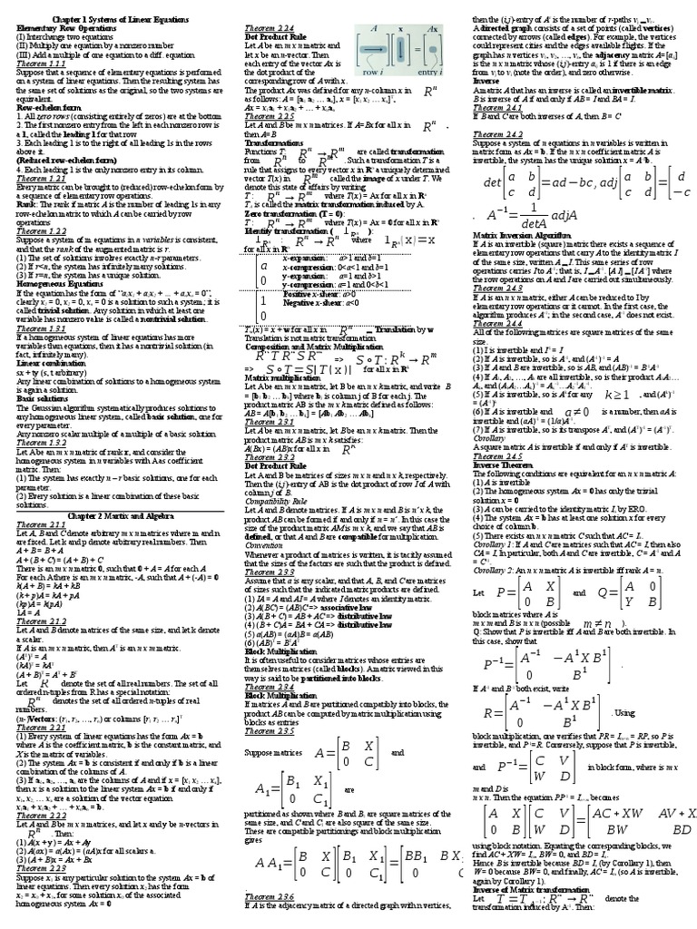 MATH2101 Cheat Sheet | Matrix (Mathematics) | System Of Linear Equations