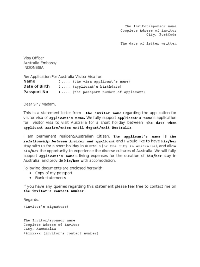 Letter Of Invitation For Visitor Visa Australia - Riset